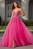 Sparkly Fuchsia A Line Strapless Sequin Long Prom Dress With Slit