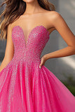 Sparkly Fuchsia A Line Strapless Sequin Long Prom Dress With Slit