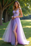 Sparkly Lilac A Line Spaghetti Straps Lace Long Prom Dress With Slit