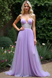 Sparkly Lilac A Line Beaded Spaghetti Straps Tulle Long Prom Dress