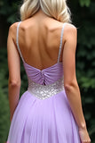 Sparkly Lilac A Line Beaded Spaghetti Straps Tulle Long Prom Dress