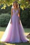 Lilac A Line Spaghetti Straps Long Prom Dress With Lace Appliques