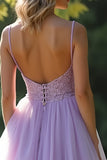 Lilac A Line Spaghetti Straps Long Prom Dress With Lace Appliques