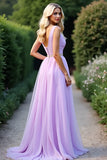 Lilac A Line Deep V Neck Long Prom Dress With Beading