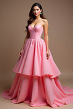 Sparkly Pink A Line Spaghetti Straps Sequined Corset Long Prom Dress With Ruffles