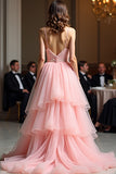 Sparkly Pink A Line Spaghetti Straps Sequin Long Prom Dress With Ruffles