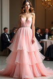 Sparkly Pink A Line Spaghetti Straps Sequin Long Prom Dress With Ruffles