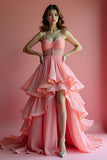 Sparkly Pink A Line Spaghetti Straps Ruffle Long Prom Dress With Sequins