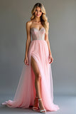 Sparkly Pink A Line Sweetheart Sequined Corset Long Prom Dress With Slit