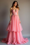 Sparkly Pink Sequin A Line Ruffled Long Prom Dress With Lace