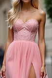 Sparkly Pink A Line Strapless Corset Long Prom Dress With Slit