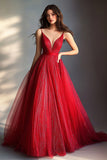 Sparkly Red A Line Spaghetti Straps Long Prom Dress With Sequins