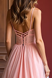 Elegant Pink A Line Spaghetti Straps Long Tulle Prom Dress