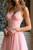 Elegant Pink A Line Spaghetti Straps Long Tulle Prom Dress