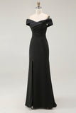 Mermaid Off The Shoulder Long Black Tie Dress With Slit