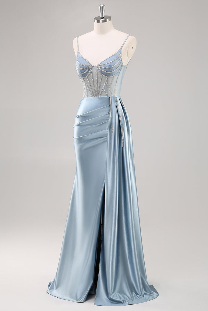 ZAPAKA Women Dusty Blue Spaghetti Straps Long Prom Dress with Beading