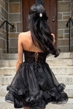 Cute Black A Line Corset Strapless Ruffled Short Homecoming Dress