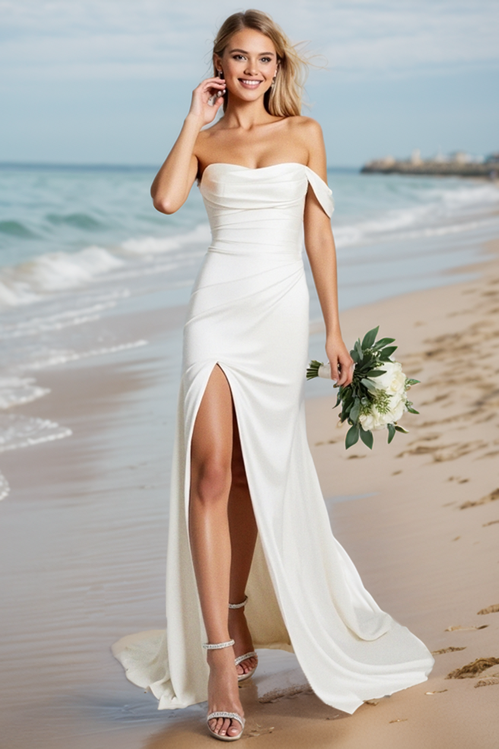 ZAPAKA Women One Shoulder Wedding Dress with Slit Satin White Mermaid Long Bridal Dress, Ivory / US10 ZAPAKA Women One Shoulder Wedding Dress with Slit Satin White Mermaid Long Bridal Dress, Ivory / US10