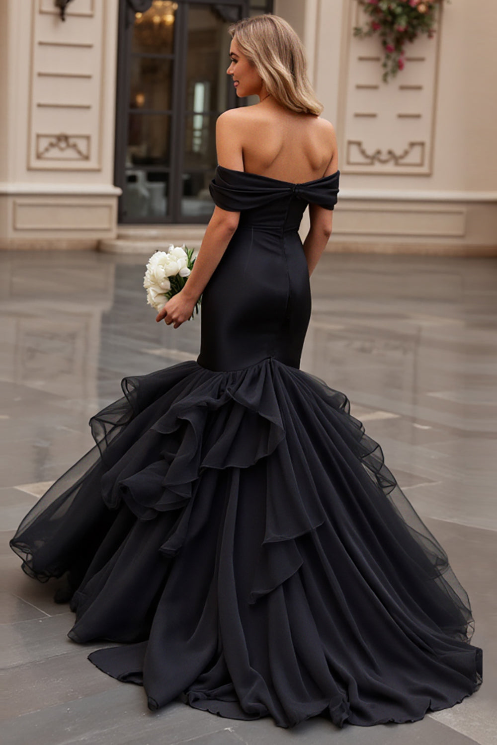 Zapaka Women Ruffles Black Wedding Dress Tulle Off The Shoulder Mermaid Long Bridal Dress, Black / US12 Zapaka Women Ruffles Black Wedding Dress Tulle Off The Shoulder Mermaid Long Bridal Dress, Black / US12