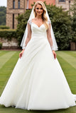 Classic Ivory Ruched A Line Long Sleeves Wedding Dress