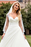 Classic Ivory Ruched A Line Long Sleeves Wedding Dress