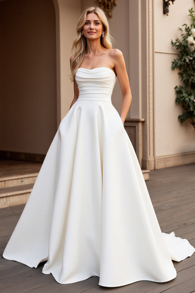ZAPAKA Women Strapless Wedding Dress A Line Ivory Satin Ruched Long ...