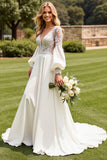 Long Sleeves A Line Ivory Wedding Dress with Appliqueds