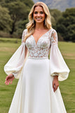 Long Sleeves A Line Ivory Wedding Dress with Appliqueds