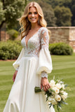 Long Sleeves A Line Ivory Wedding Dress with Appliqueds