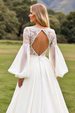 Long Sleeves A Line Ivory Wedding Dress with Appliqueds