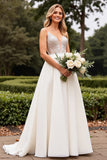 Ivory Spaghetti Straps A Line Weding Dress with Beading