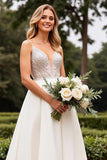 Ivory Spaghetti Straps A Line Weding Dress with Beading