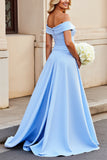 Light Blue Off the Shoulder A Line Satin Ruched Wedding Dress