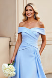 Light Blue Off the Shoulder A Line Satin Ruched Wedding Dress