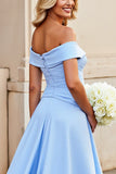 Light Blue Off the Shoulder A Line Satin Ruched Wedding Dress