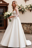 Ivory Satin 3/4 Sleeves Lace A Line Wedding Dress
