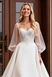 Ivory Satin 3/4 Sleeves Lace A Line Wedding Dress