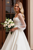 Ivory Satin 3/4 Sleeves Lace A Line Wedding Dress