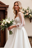 Ivory Satin 3/4 Sleeves Lace A Line Wedding Dress