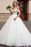 lvory A Line Off The Shoulder Appliqued Tulle Long Wedding Dress