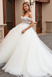 lvory A Line Off The Shoulder Appliqued Tulle Long Wedding Dress