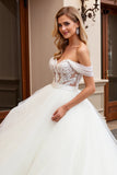 lvory A Line Off The Shoulder Appliqued Tulle Long Wedding Dress