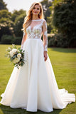 A Line Lace Appliqued Long Sleeves lvory Wedding Dress