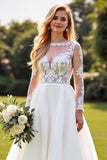 A Line Lace Appliqued Long Sleeves lvory Wedding Dress