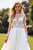 A Line Lace Appliqued Long Sleeves lvory Wedding Dress