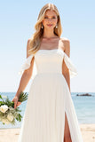 lvory A Line Off The Shoulder Long Wedding Dress with Slit