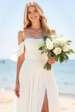 lvory A Line Off The Shoulder Long Wedding Dress with Slit