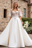 lvory A Line Half Sleeves Appliqued Long Wedding Dress