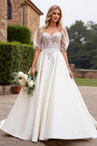 lvory A Line Half Sleeves Appliqued Long Wedding Dress