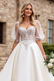 lvory A Line Half Sleeves Appliqued Long Wedding Dress